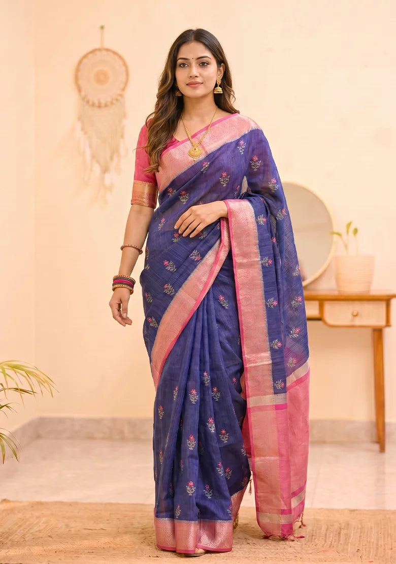 Royal Blue Pink Saree