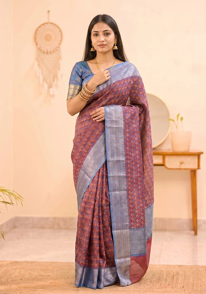 Rust Blue Weave Saree